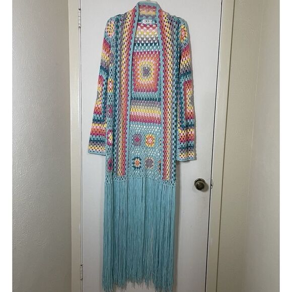 No 1 Los angeles acrylic crochet quilted muti color maxi cardigan sweater duster - Picture 2 of 10